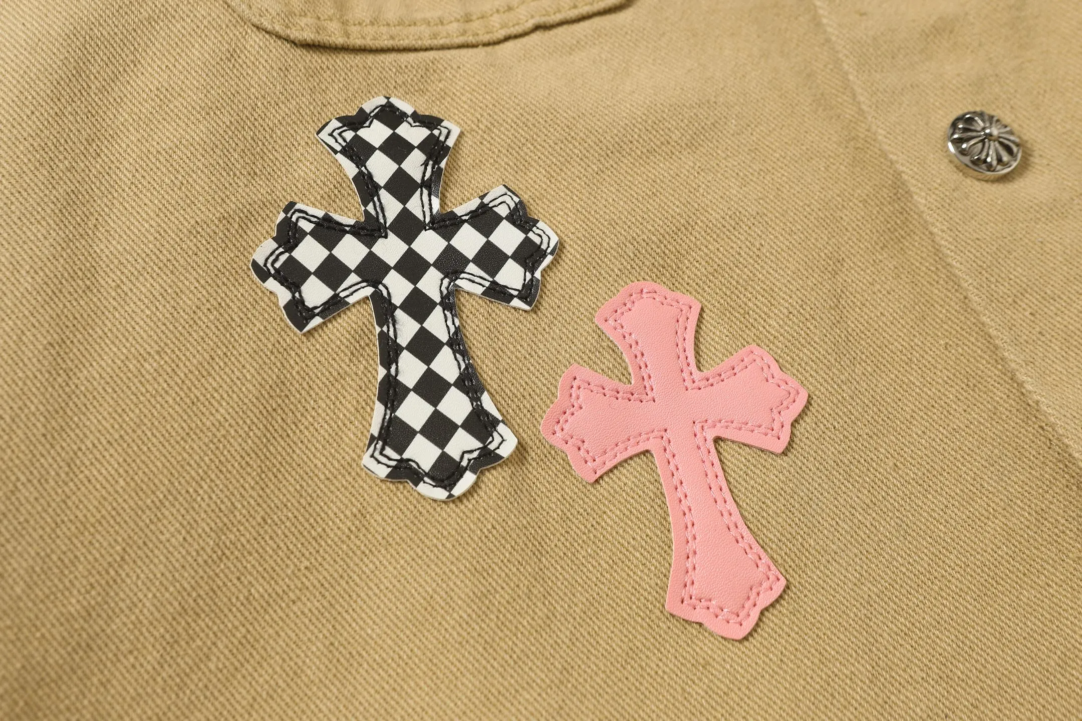 P360 Chrome Hearts 25ss patchwork leather cross patchwork embroidered shirt denim jacket Color: Picture color Size: M-3XL